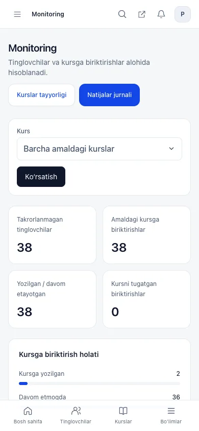 Malaka ta’lim platformasi — mobil ko‘rinishi