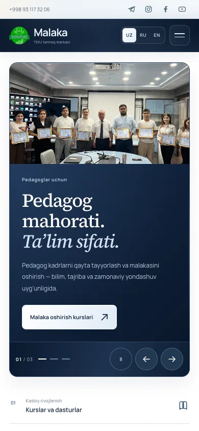 Malaka markazi sayti — mobil ko‘rinishi